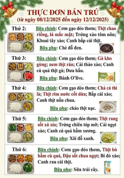 Thực đơn bán trú (từ ngày 08/12/2025 đến ngày 12/12/2025)