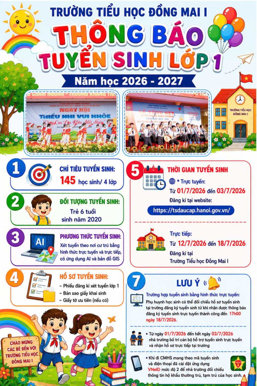 TRƯỜNG TIỂU HỌC ĐỒNG MAI I THÔNG BÁO TUYỂN SINH LỚP 1, NĂM HỌC 2026 - 2027