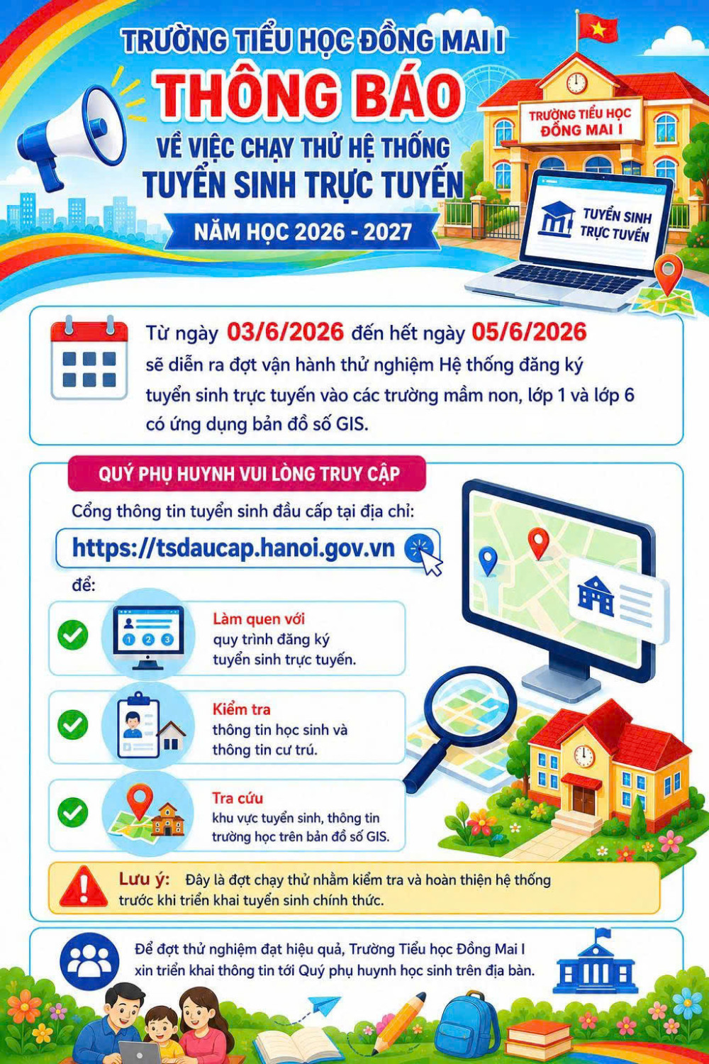 THÔNG BÁO VỀ VIỆC CHẠY THỬ HỆ THỐNG TUYỂN SINH TRỰC TUYẾN NĂM HỌC 2026 - 2027